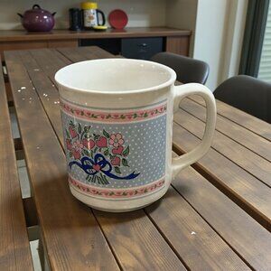 Vintage Gift Co Floral Polka Dot Ceramic Mug Blue Pink Ribbon Design 3”x4.5”x3.7